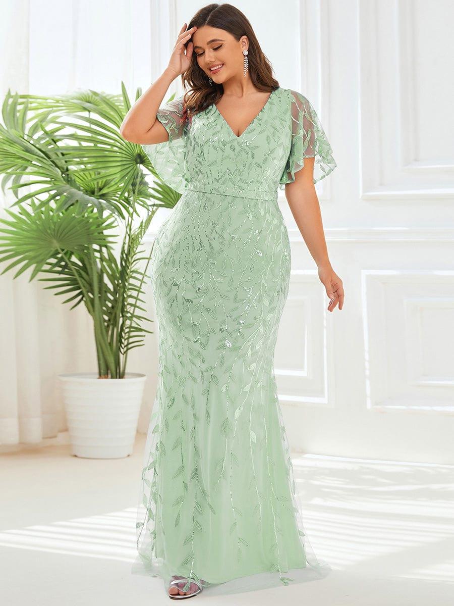 Robe de soirée sirène à paillettes et tulle à col en V grande taille #Couleur_Menthe Verte