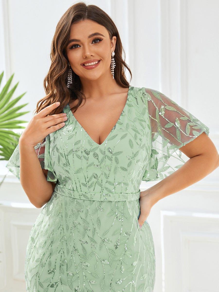 Robe de soirée sirène à paillettes et tulle à col en V grande taille #Couleur_Menthe Verte
