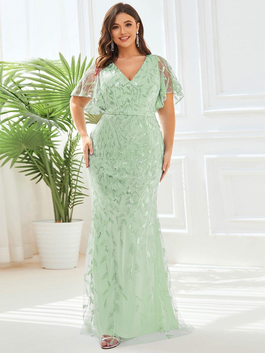 Robe de soirée sirène à paillettes et tulle à col en V grande taille #Couleur_Menthe Verte