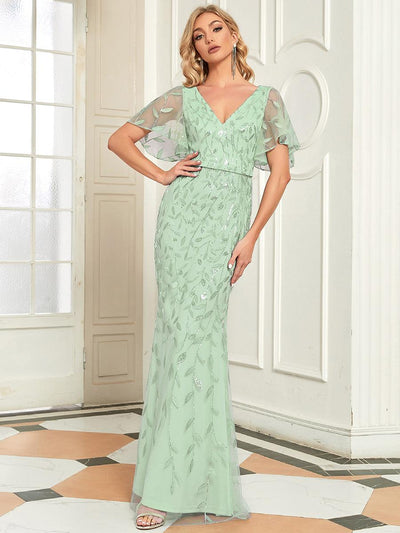 ever DIONE|Robe de soirée en queue de poisson à paillettes et feuilles à col en V (Vente Finale)