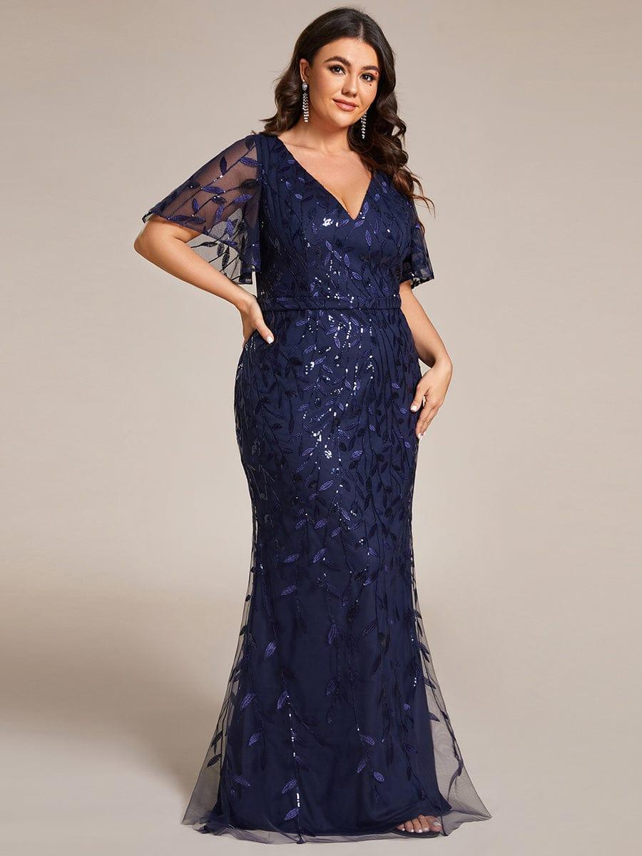 Robe de soirée sirène à paillettes et tulle à col en V grande taille #Couleur_Bleu Marine