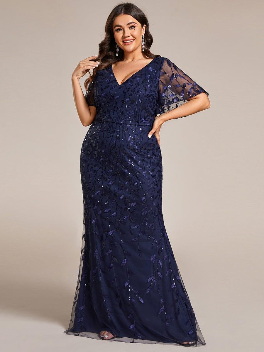 Robe de soirée sirène à paillettes et tulle à col en V grande taille #Couleur_Bleu Marine