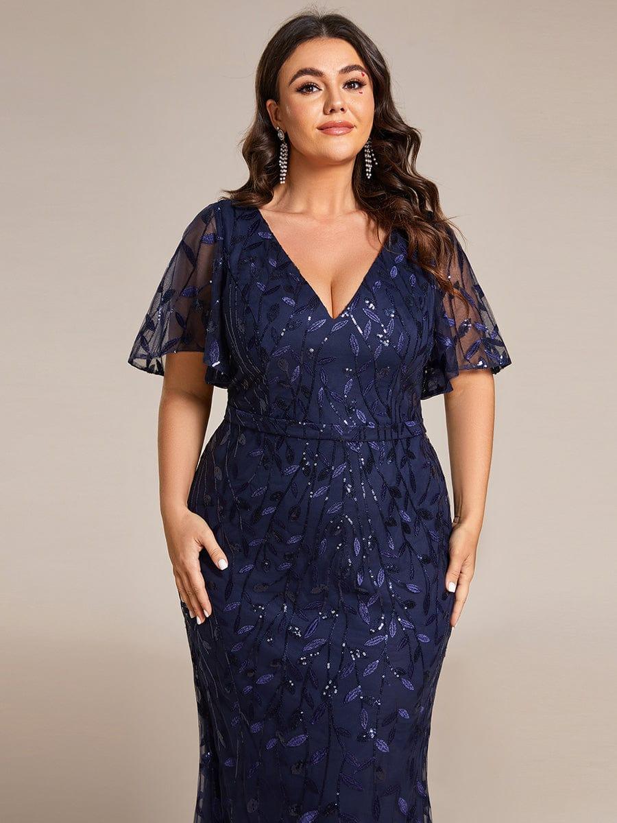 Robe de soirée sirène à paillettes et tulle à col en V grande taille #Couleur_Bleu Marine