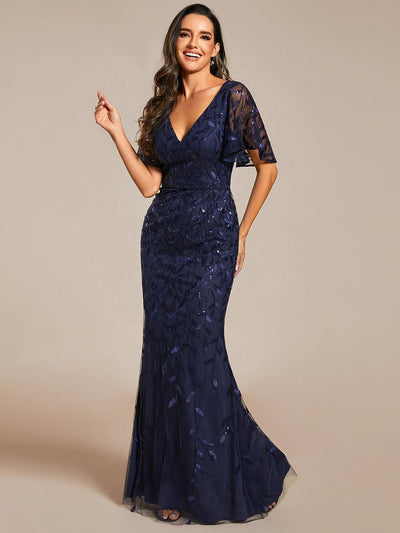 ever DIONE|Robe de soirée en queue de poisson à paillettes et feuilles à col en V