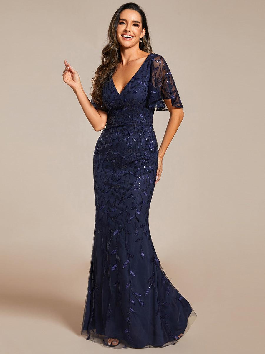 Robe de soirée en queue de poisson à paillettes et feuilles à col en V #Couleur_Bleu Marine