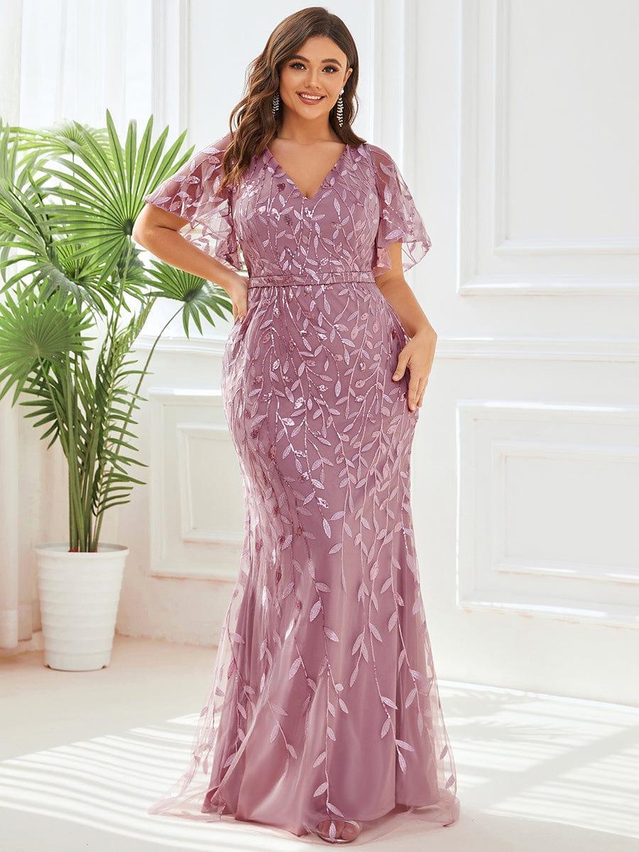 Robe de soirée sirène à paillettes et tulle à col en V grande taille #Couleur_Orchidee
