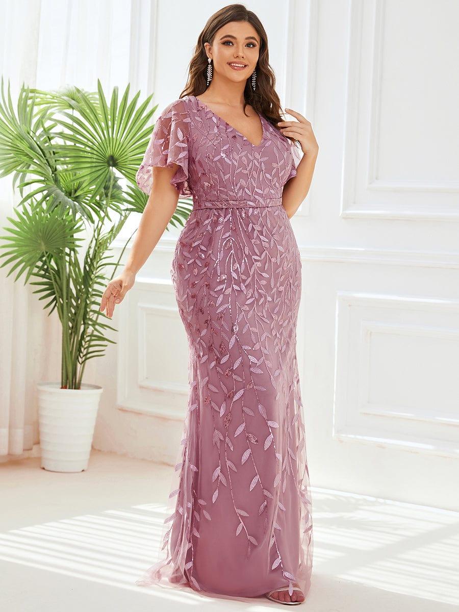 Robe de soirée sirène à paillettes et tulle à col en V grande taille #Couleur_Orchidee
