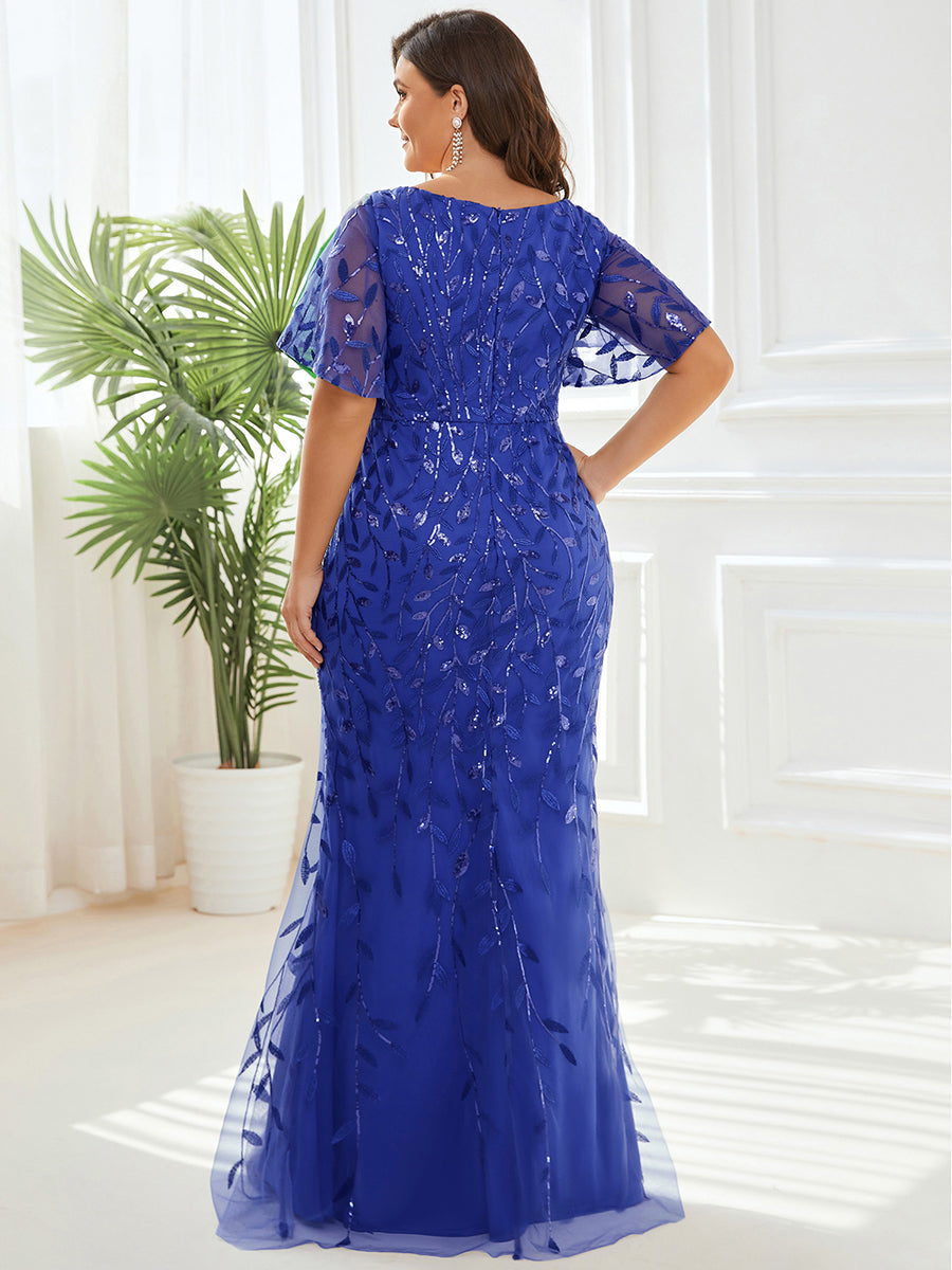 Robe de soirée en queue de poisson à paillettes et feuilles à col en V #Couleur_Bleu Saphir