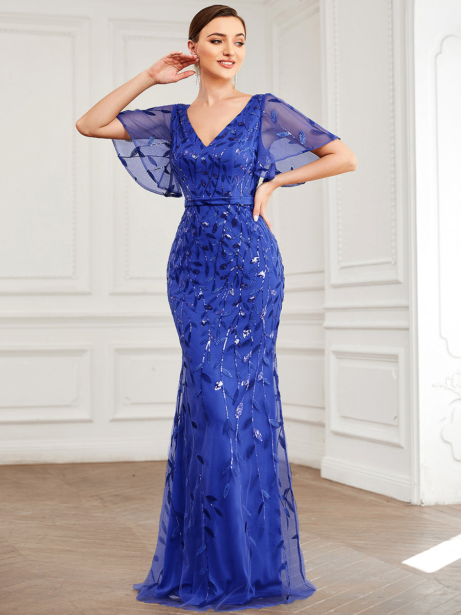 Robe de soirée en queue de poisson à paillettes et feuilles à col en V #Couleur_Bleu Saphir