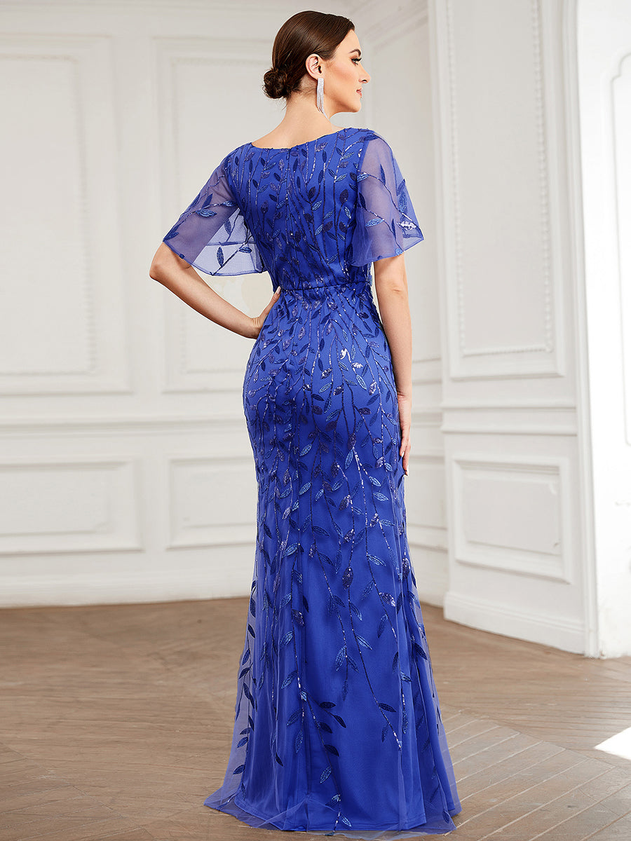 Robe de soirée en queue de poisson à paillettes et feuilles à col en V #Couleur_Bleu Saphir