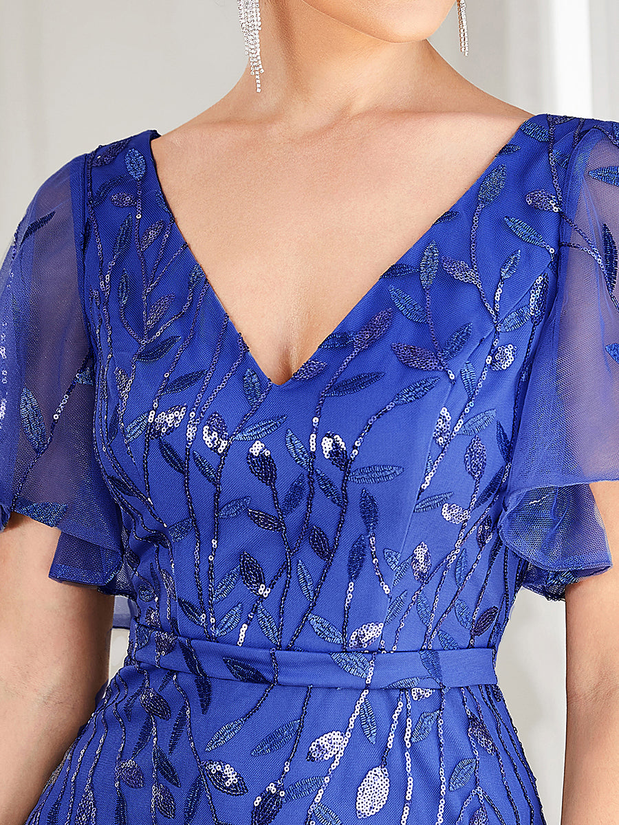 Robe de soirée en queue de poisson à paillettes et feuilles à col en V #Couleur_Bleu Saphir