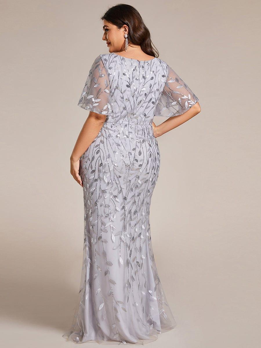 Robe de soirée sirène à paillettes et tulle à col en V grande taille #Couleur_Argent