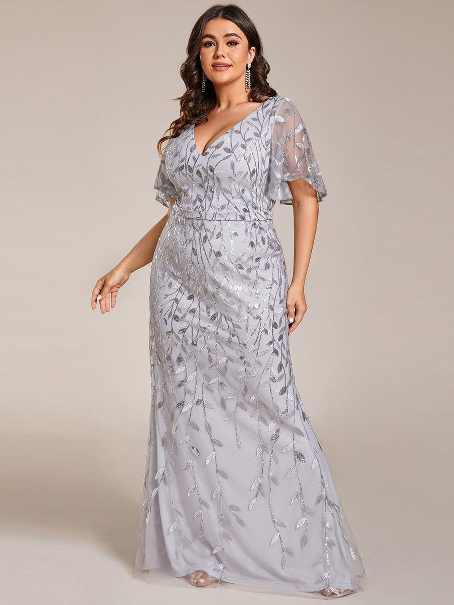 Robe de soirée sirène à paillettes et tulle à col en V grande taille #Couleur_Argent