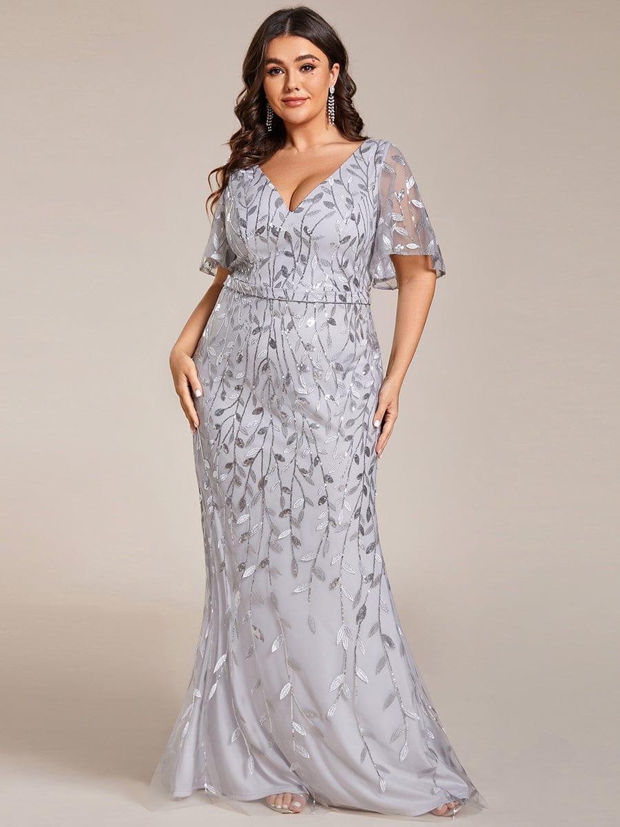 Robe de soirée sirène à paillettes et tulle à col en V grande taille #Couleur_Argent