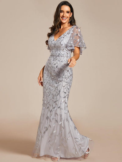ever DIONE|Robe de soirée en queue de poisson à paillettes et feuilles à col en V (Vente Finale)