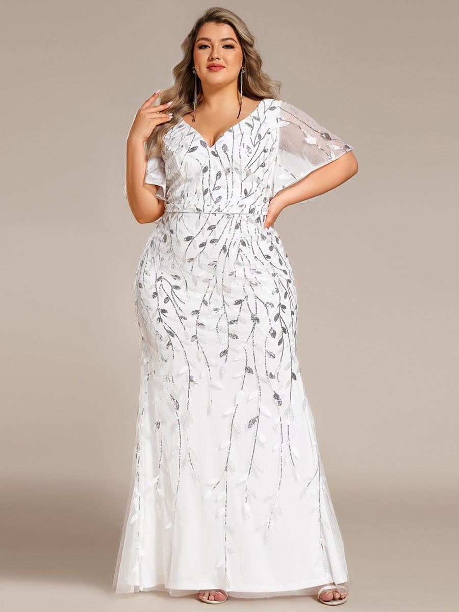 Robe de soirée sirène à paillettes et tulle à col en V grande taille #Couleur_Blanc