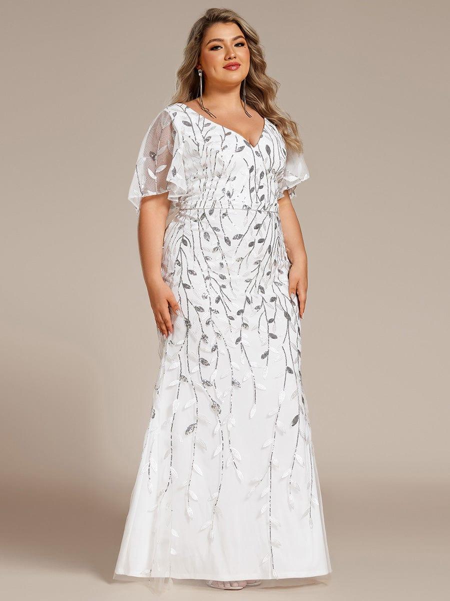 Robe de soirée sirène à paillettes et tulle à col en V grande taille #Couleur_Blanc