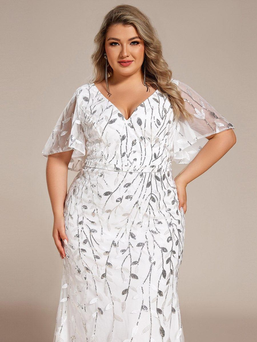 Robe de soirée sirène à paillettes et tulle à col en V grande taille #Couleur_Blanc