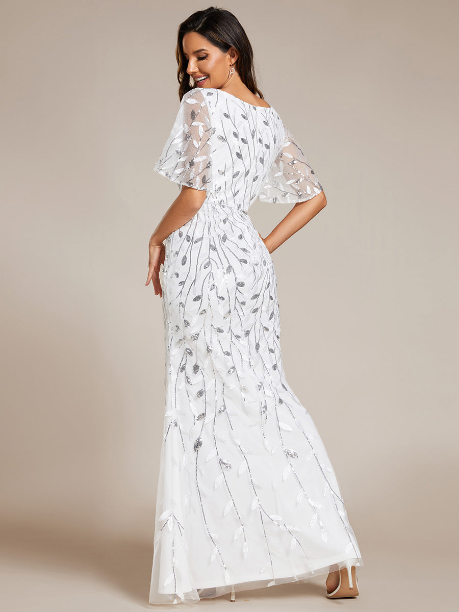 Robe de Soirée Longue Sirène à Pailletée à Col en V Profond #Couleur_Blanc