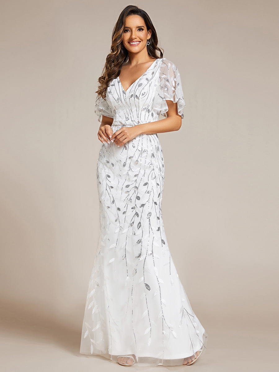 Robe de Soirée Longue Sirène à Pailletée à Col en V Profond #Couleur_Blanc