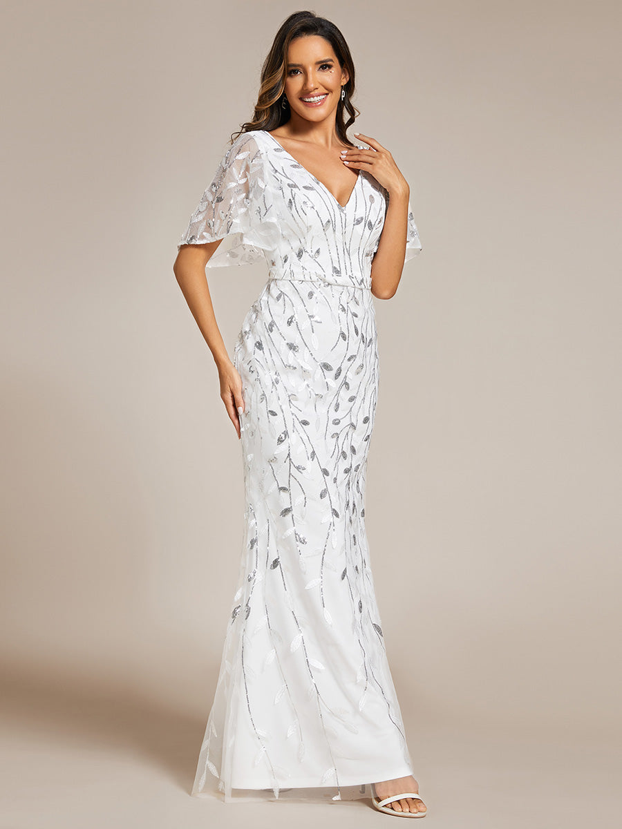 Robe de Soirée Longue Sirène à Pailletée à Col en V Profond #Couleur_Blanc