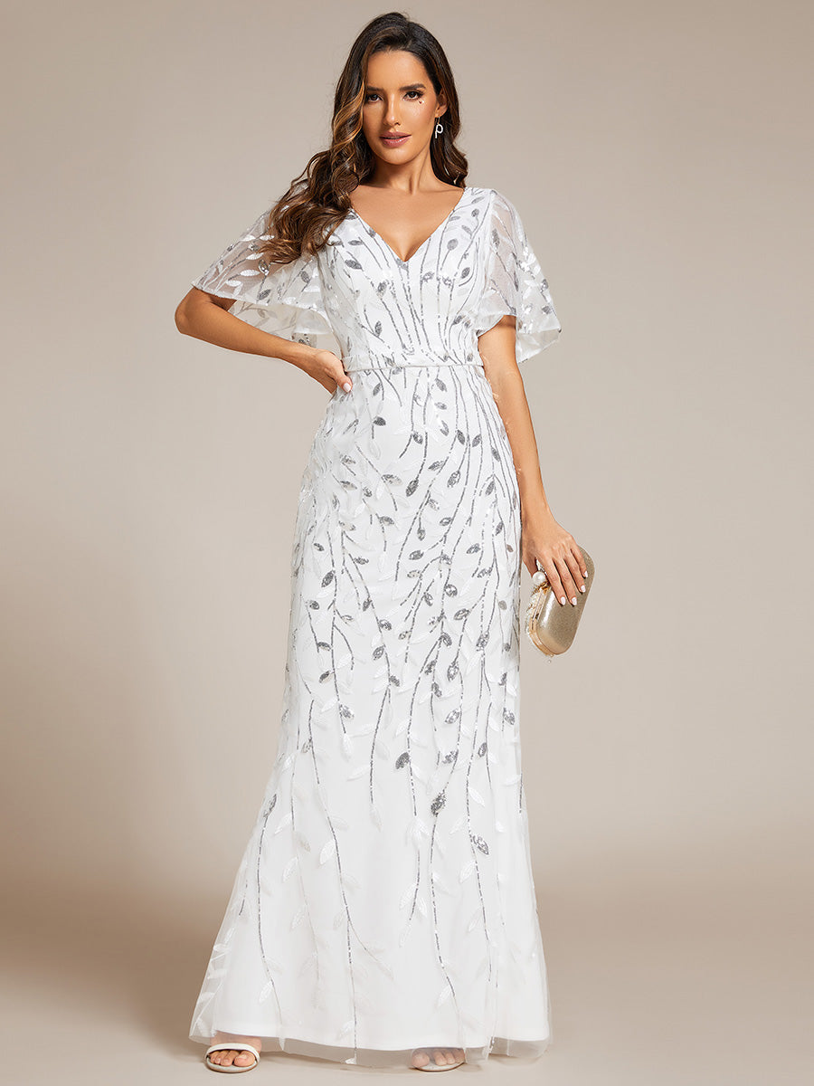 Robe de Soirée Longue Sirène à Pailletée à Col en V Profond #Couleur_Blanc