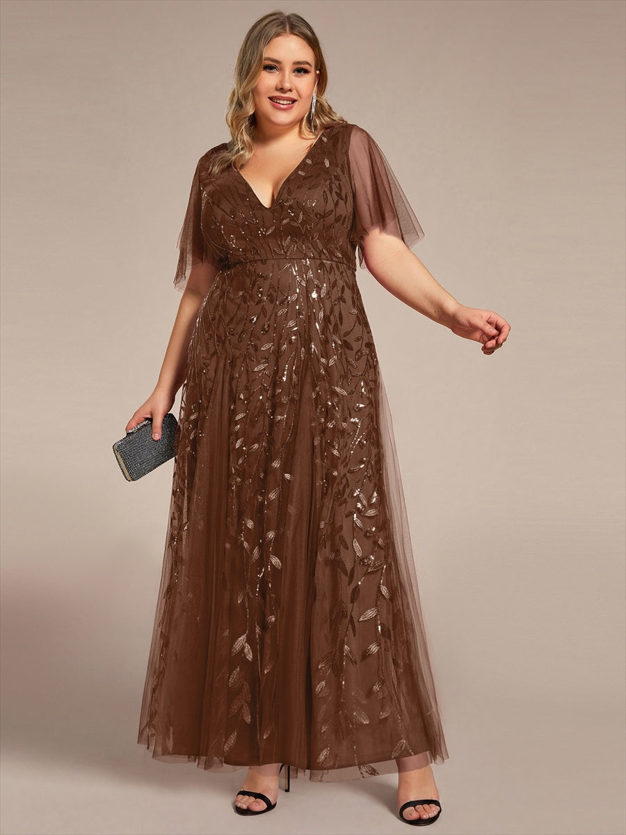 Robe d'Invité de Superbe Mariage Longue à Col en V et Manches à Volants #Couleur_Brun