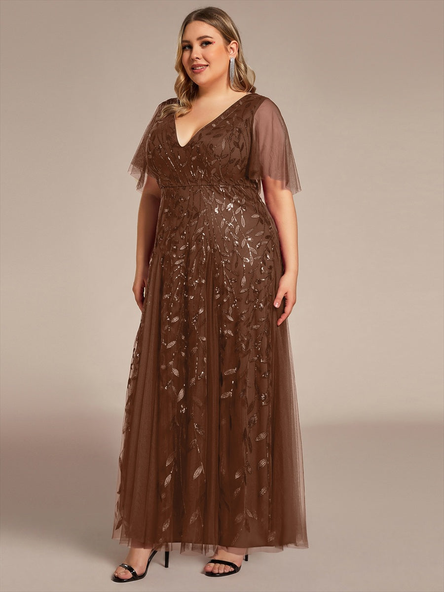 Robe d'Invité de Superbe Mariage Longue à Col en V et Manches à Volants #Couleur_Brun