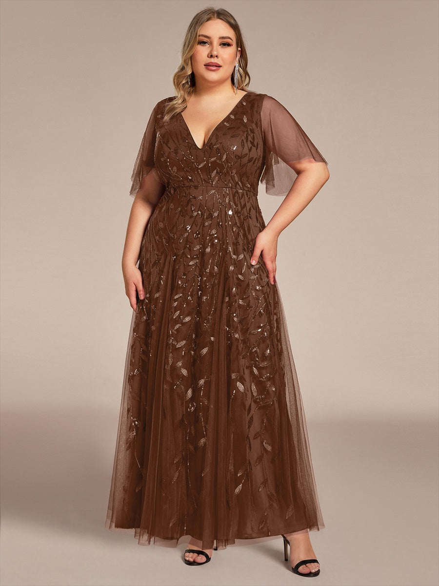 Robe d'Invité de Superbe Mariage Longue à Col en V et Manches à Volants #Couleur_Brun