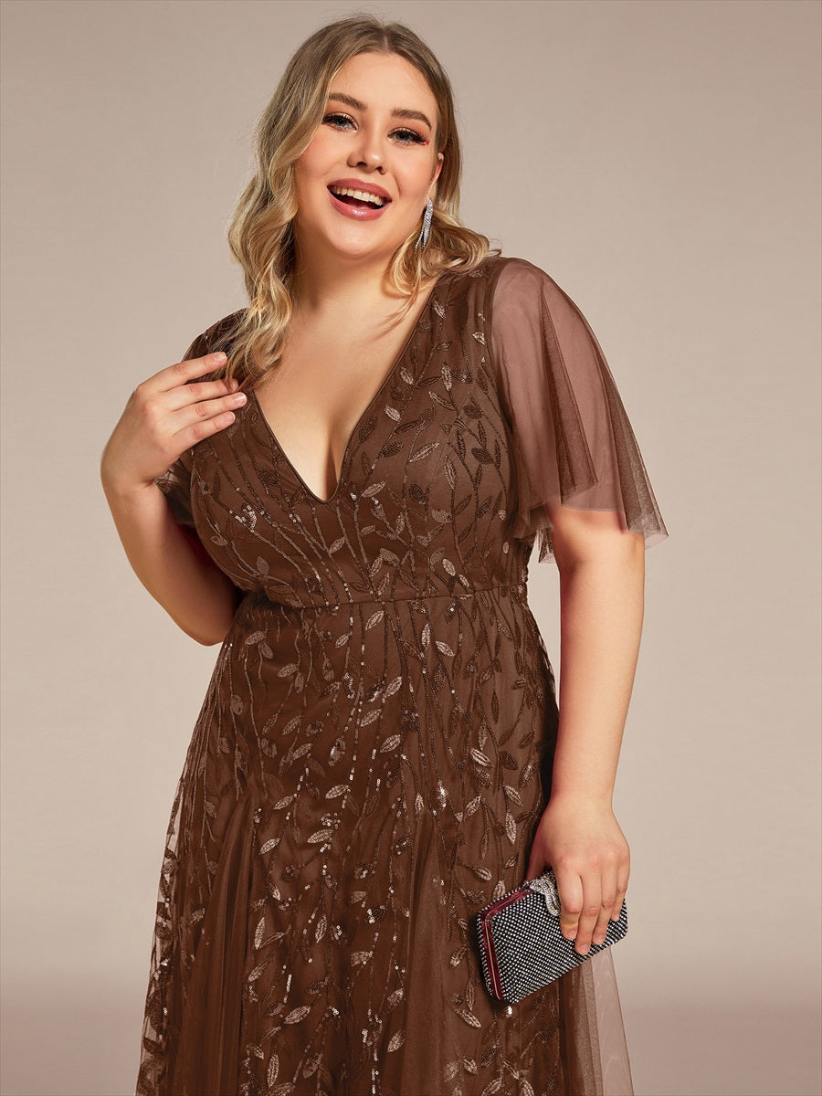 Robe d'Invité de Superbe Mariage Longue à Col en V et Manches à Volants #Couleur_Brun