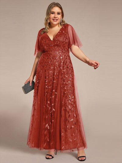 pretty ASTRAL|Robe de soirée romantique grande taille scintillante à col V et manches à volants