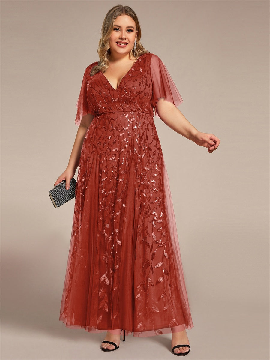 Robe de Soirée Longue Romantique et Scintillante à Col V et Pailletes #Couleur_Burnt Orange