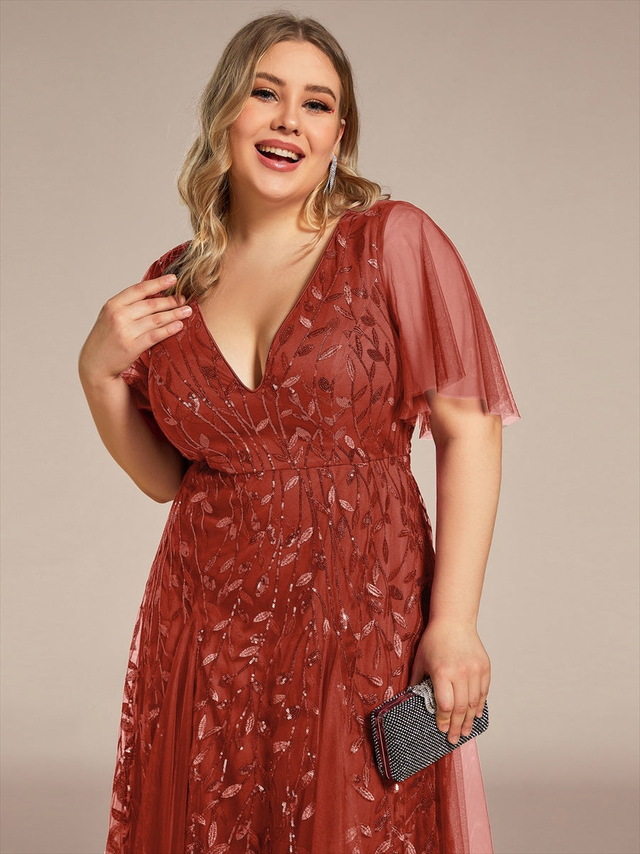Robe de Soirée Longue Romantique et Scintillante à Col V et Pailletes #Couleur_Burnt Orange