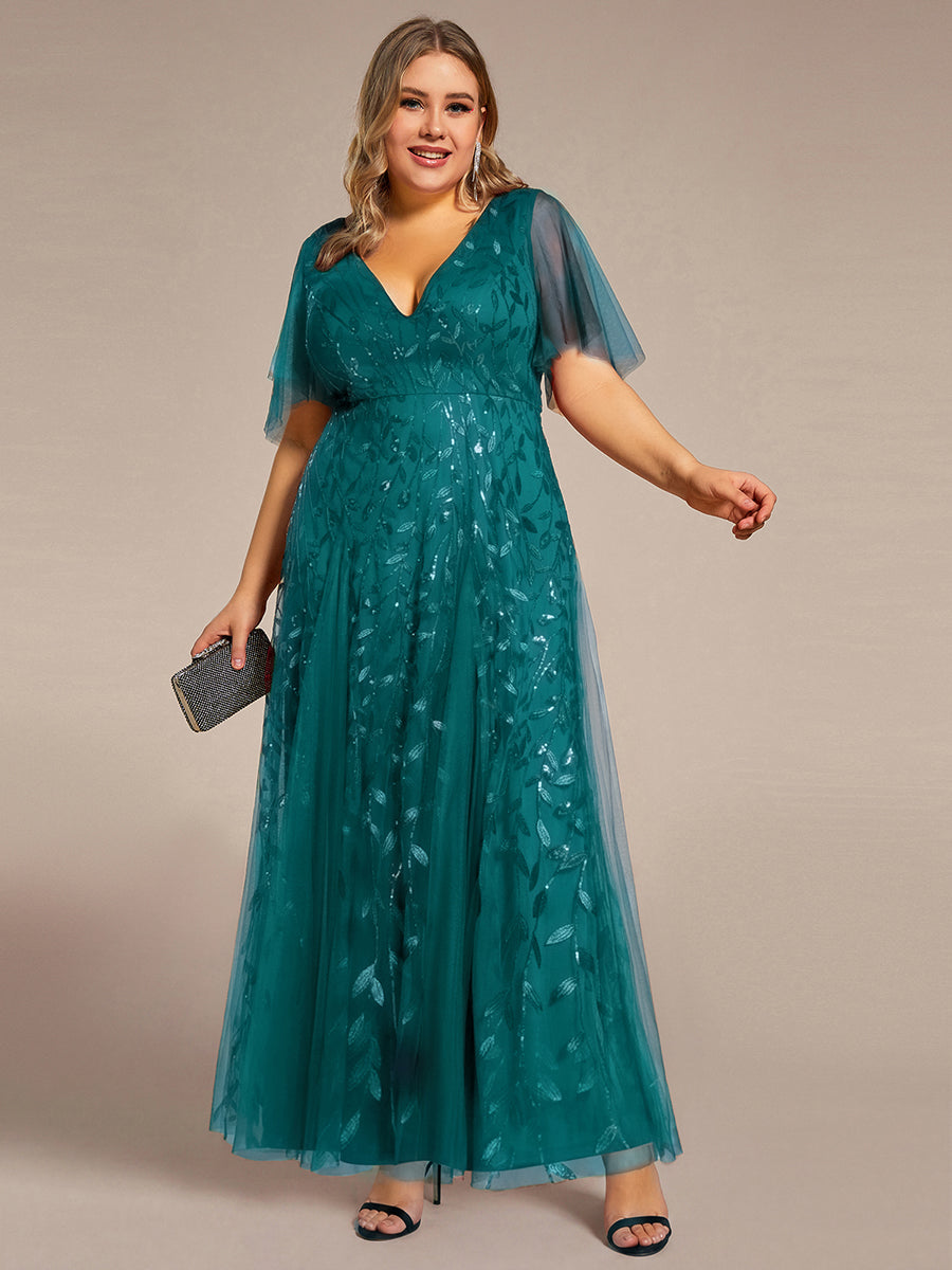 Robe d'Invité de Superbe Mariage Longue à Col en V et Manches à Volants #Couleur_Bleu Sarcelle