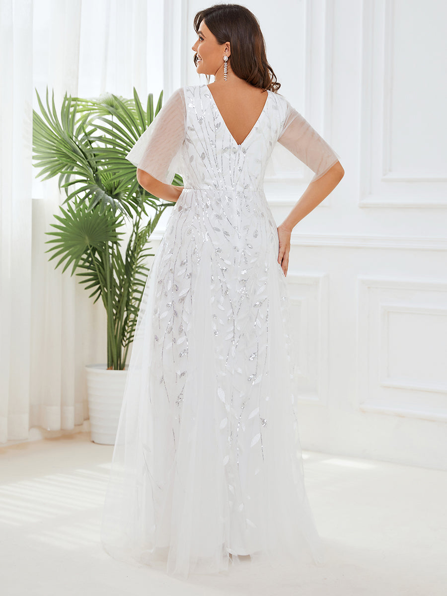 Robe d'Invité de Superbe Mariage Longue à Col en V et Manches à Volants #Couleur_Blanc