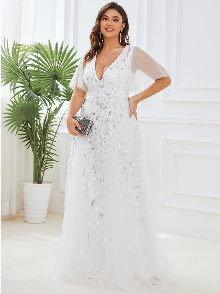 Robe d'Invité de Superbe Mariage Longue à Col en V et Manches à Volants #Couleur_Blanc