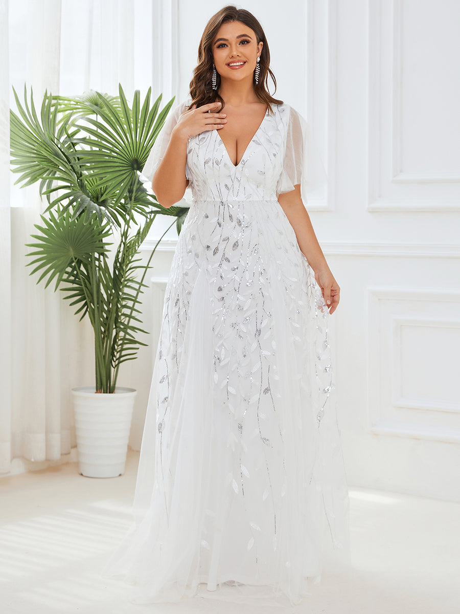 Robe d'Invité de Superbe Mariage Longue à Col en V et Manches à Volants #Couleur_Blanc
