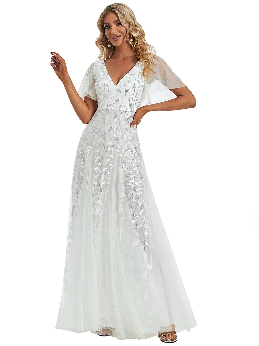 Robe d'Invité de Superbe Mariage Longue à Col en V et Manches à Volants #Couleur_Blanc