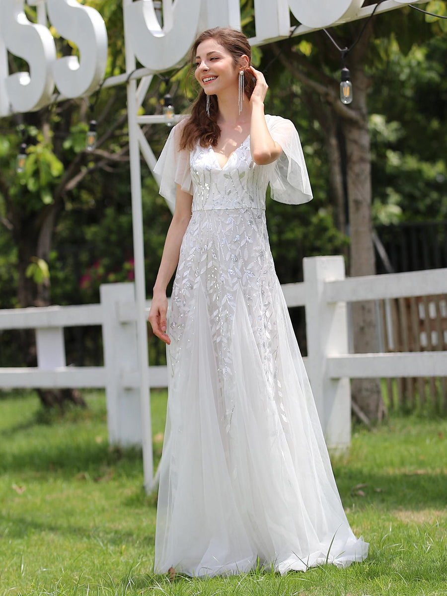 Robe d'Invité de Superbe Mariage Longue à Col en V et Manches à Volants #Couleur_Blanc