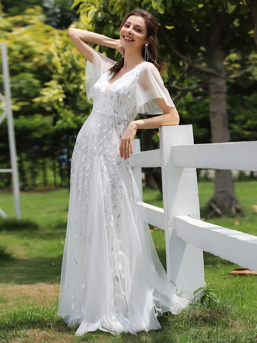 Robe d'Invité de Superbe Mariage Longue à Col en V et Manches à Volants #Couleur_Blanc