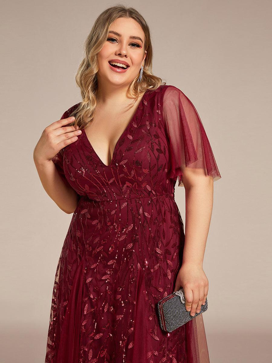 Robe d'Invité de Superbe Mariage Longue à Col en V et Manches à Volants #Couleur_Bordeaux