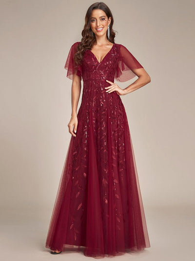 ever ASTRAL|Robe de soirée de mariage à col en V et manches à volants