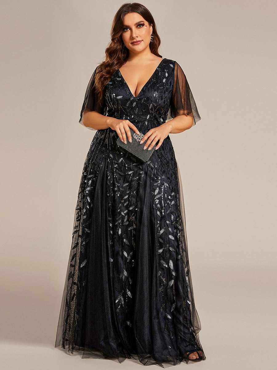 Robe de Soirée Longue Romantique et Scintillante à Col V et Pailletes #Couleur_Noir