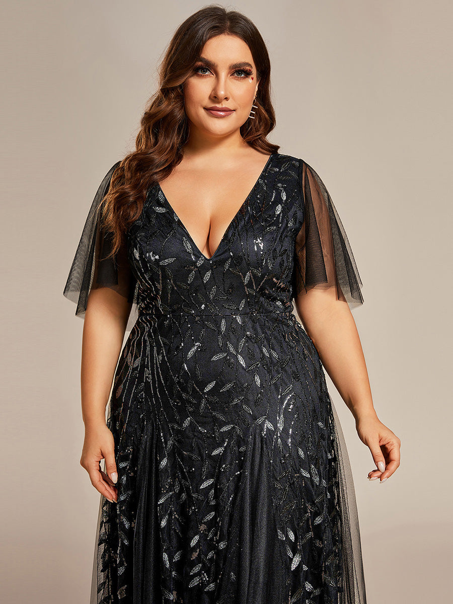 Robe de Soirée Longue Romantique et Scintillante à Col V et Pailletes #Couleur_Noir