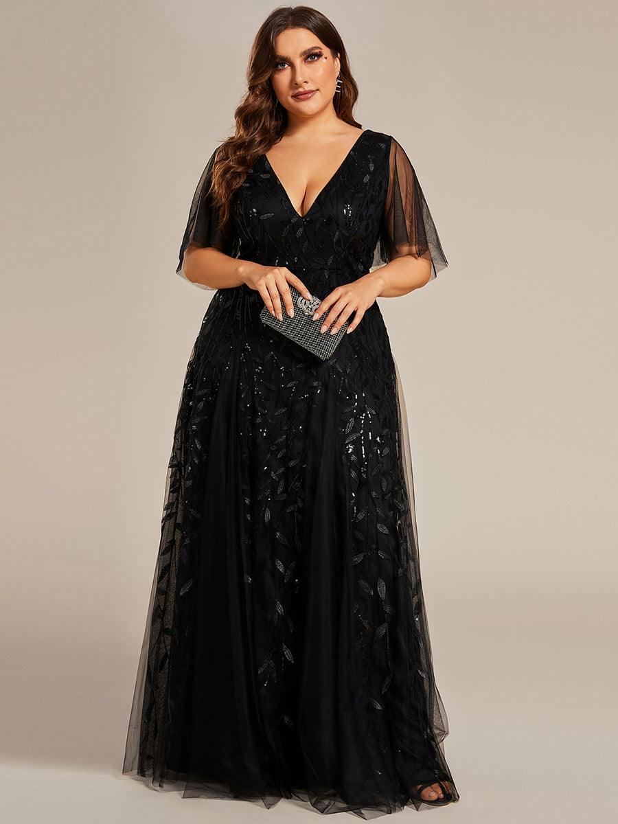 Grande Taille Robe de Soirée Longue Romantique et Scintillante à Col V et Pailletes #Couleur_Noir