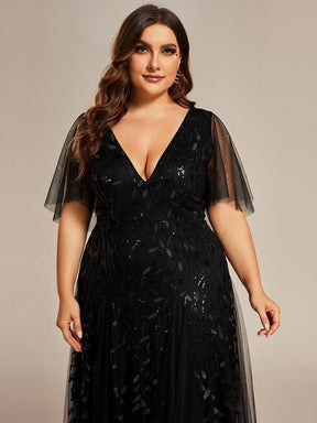 Grande Taille Robe de Soirée Longue Romantique et Scintillante à Col V et Pailletes