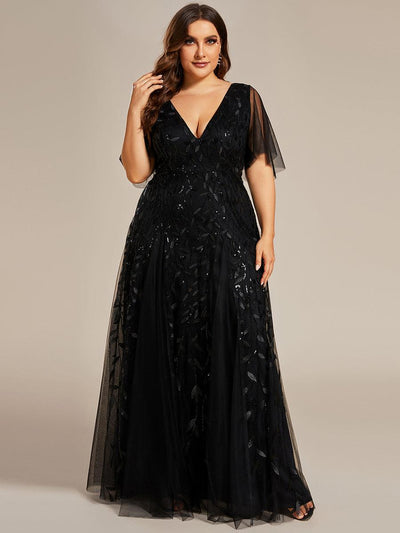 pretty ASTRAL|Robe de soirée romantique grande taille scintillante à col V et manches à volants