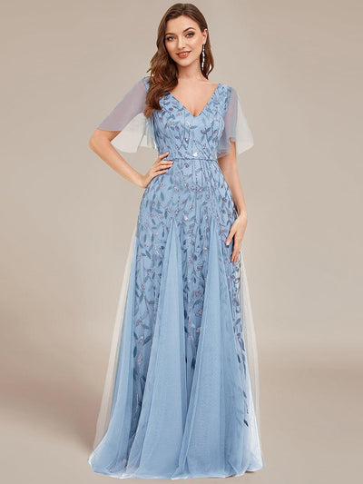 ever ASTRAL|Robe de Soirée Longue Romantique et Scintillante à Col V et Pailletes