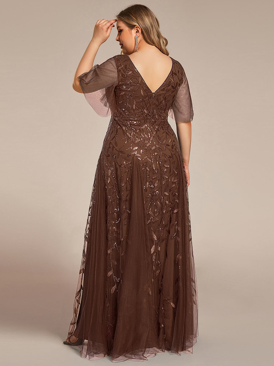 Robe d'Invité de Superbe Mariage Longue à Col en V et Manches à Volants #Couleur_Brun
