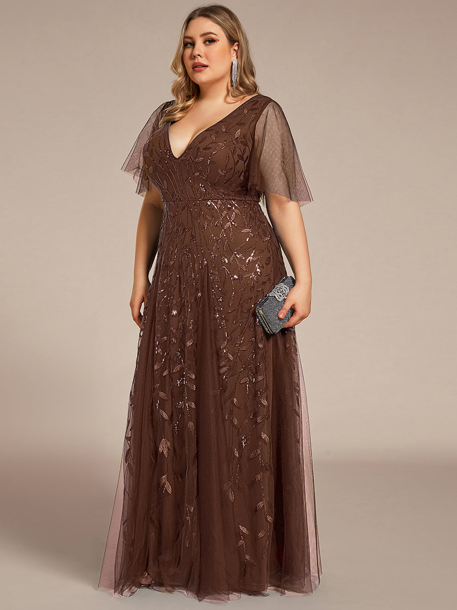 Robe d'Invité de Superbe Mariage Longue à Col en V et Manches à Volants #Couleur_Brun
